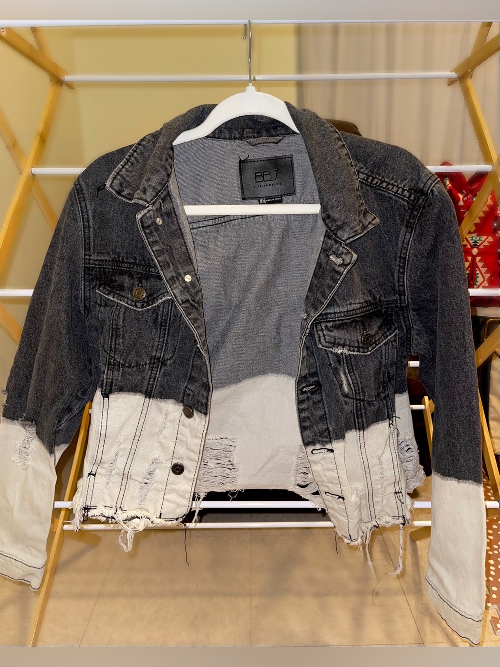 Two-Tone Distressed Denim Jacket - Black & White